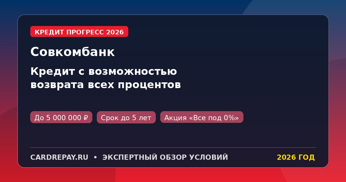 Кредит наличными «Прогресс» в Совкомбанке в 2026: условия и возврат всех процентов